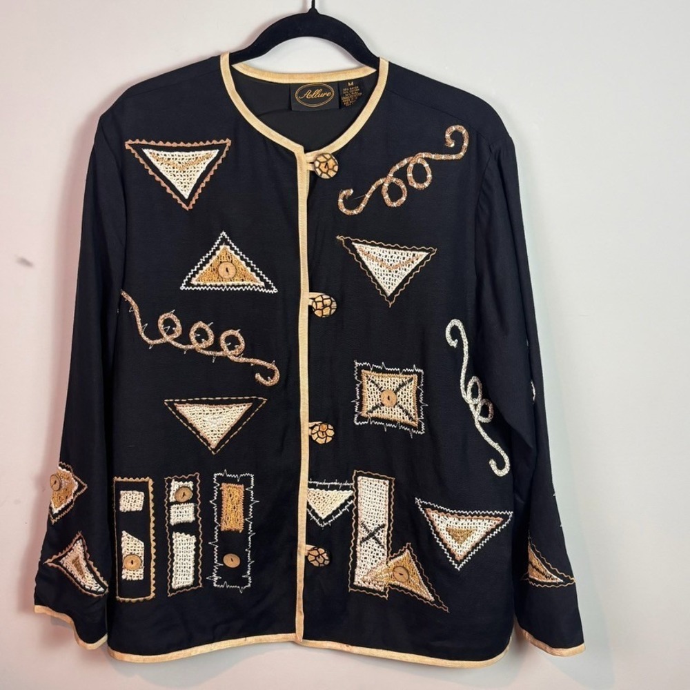 AVT Allure Womens Embroidered Art Boho Lagenlook Button Front Blouse sz MED